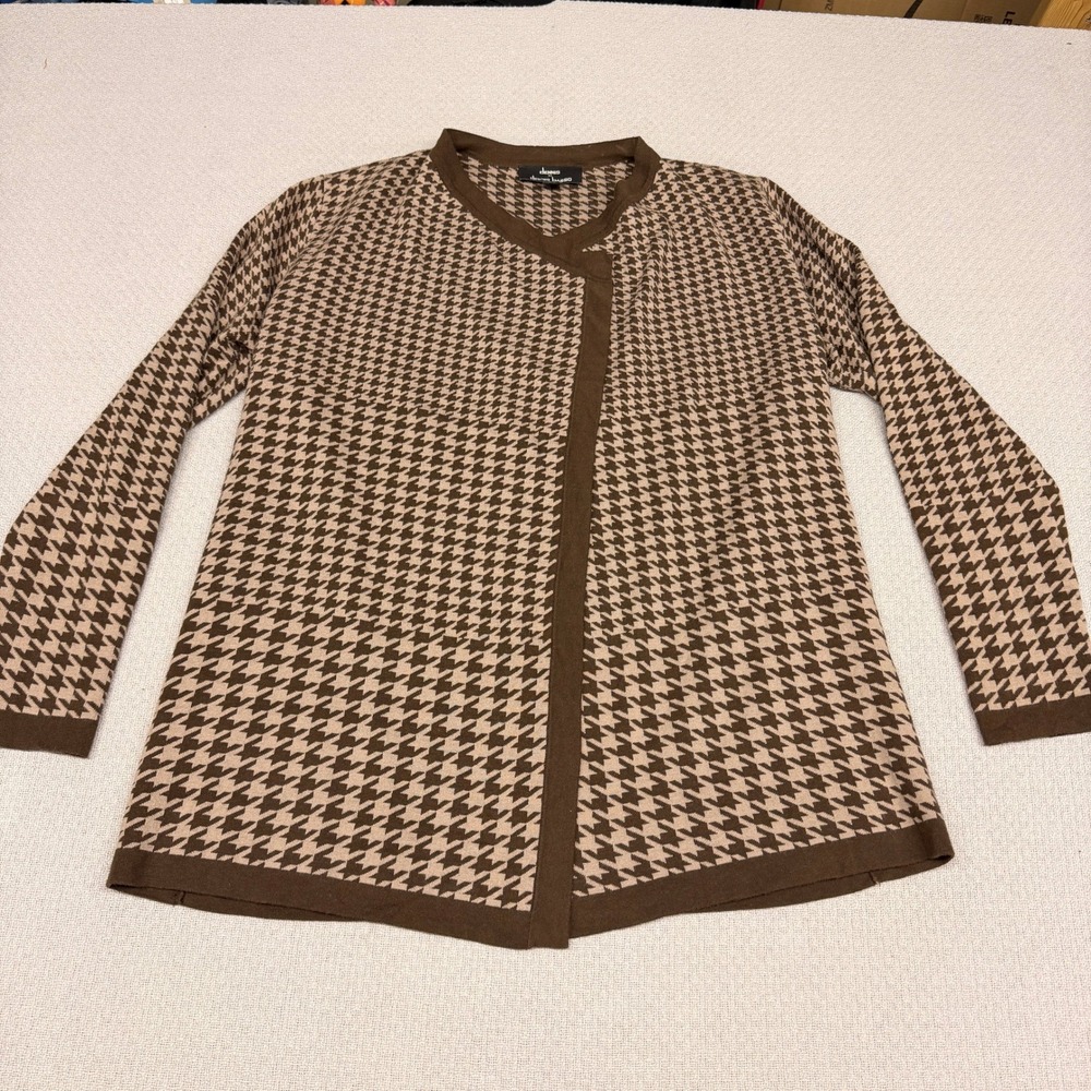 Dennis Basso Cardigan Sweater Womens S Brown Houndstooth Open Front Knit Classic